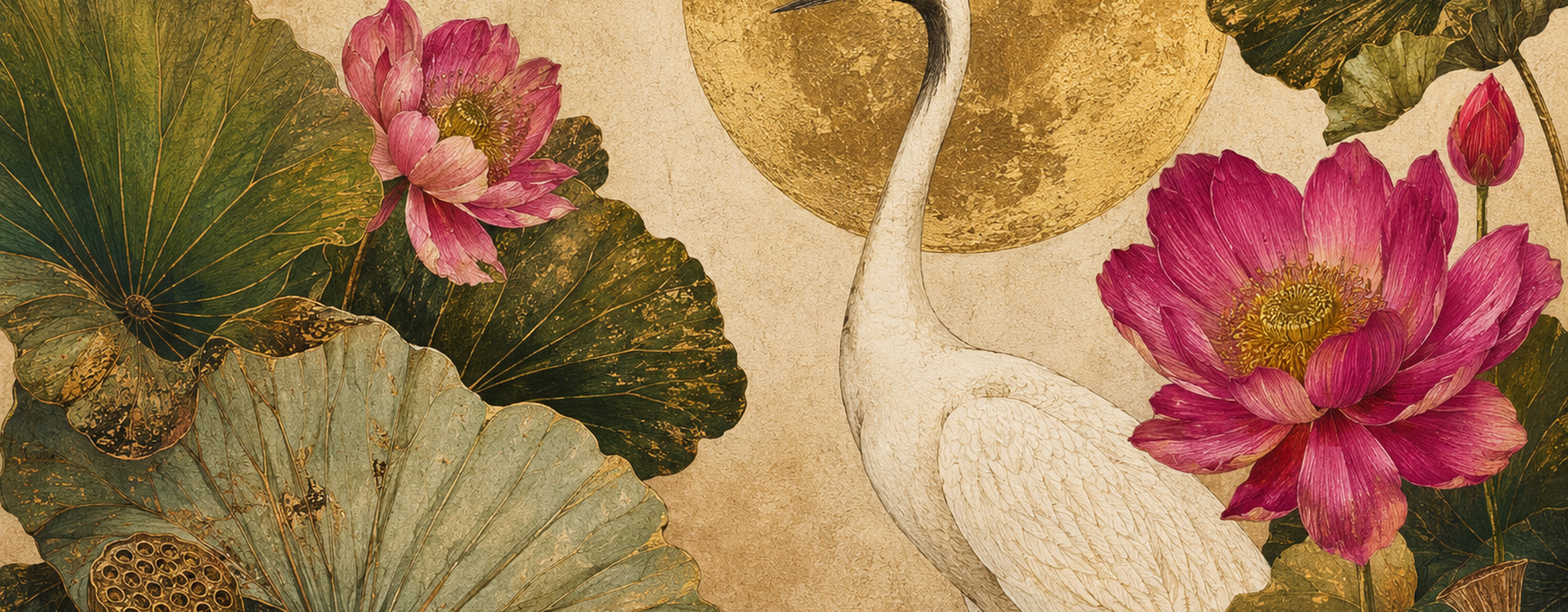 Crane, lotus, butterfly, moon, and botanical artwork banner
