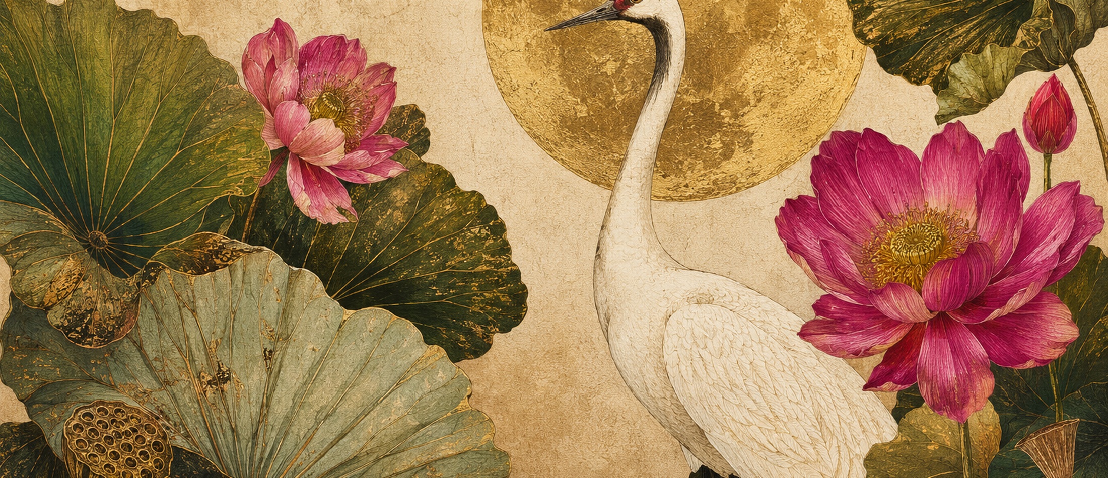 Crane, lotus flower, butterfly, and botanical artwork for Nena Kitty canvas bags