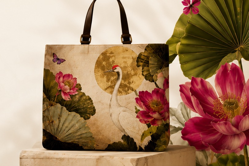 Luxury canvas tote bag with crane, lotus, and moon artwork