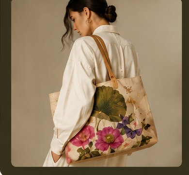 Model wearing Nena Kitty custom canvas bag
