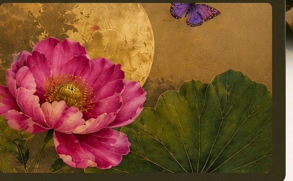 Close-up of lotus artwork in antique gold and botanical green tones