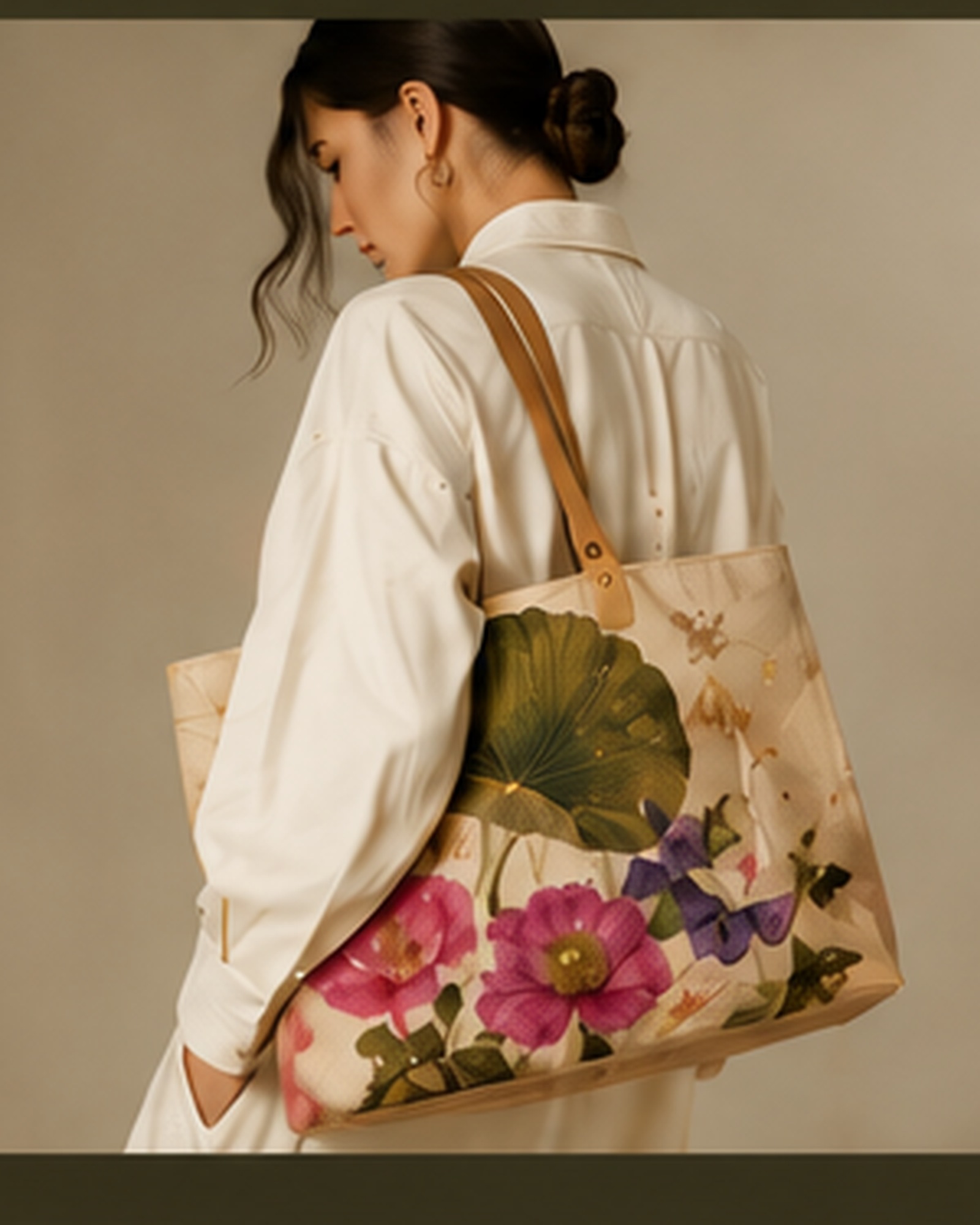 Model wearing a custom Nena Kitty canvas bag