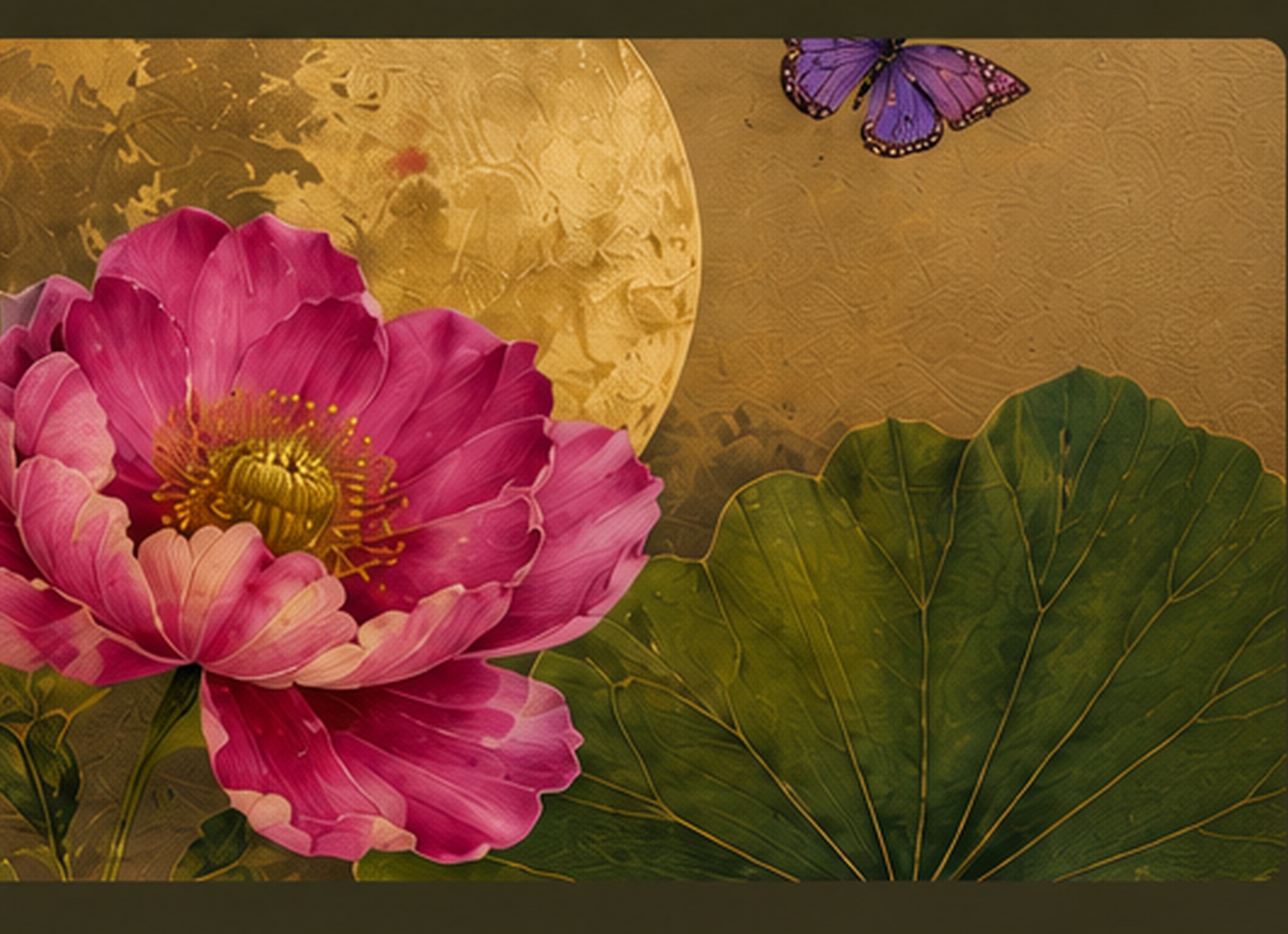 Lotus artwork close-up on antique gold background